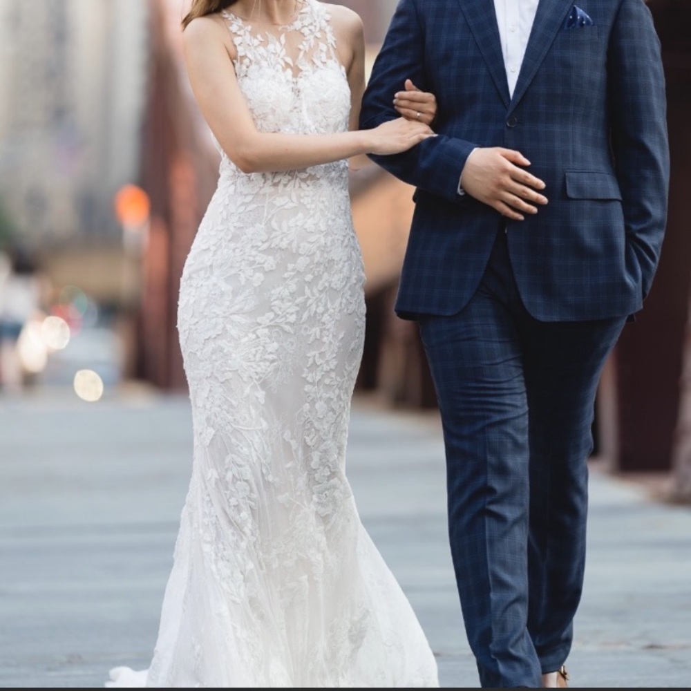 Pronovias Hati Illusion neckline, mermaid wedding dress gown| floral, lace